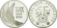 France 5 Francs Coin, Tour Eiffel, Paris, BE, Silver, KM:968a -