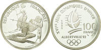 France 100 Francs Coin, Slalom skiers, BE, Silver, KM:984 -