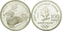 France 100 Francs Coin, Bobsledding, BE, Silver, KM:981 -