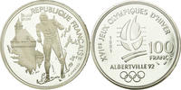 France 100 Francs Coin, Cross-country skier, BE, Silver -