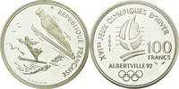 France 100 Francs Coin, Ski jumpers, BE, Silver, KM:995 -