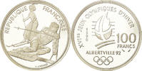 France 100 Francs Coin, Slalom skiers, BE, Silver, KM:984 -