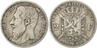 Belgium 2 Francs, 2 Frank Coin, Leopold II, Silver, KM:30.1 -