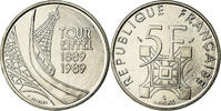 France 5 Francs Coin, Tour Eiffel, Paris, Nickel, KM:968 -