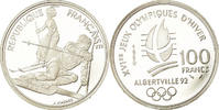 France 100 Francs Coin, Slalom skiers, BE, Silver, KM:984 -