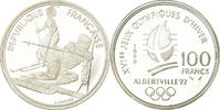 France 100 Francs Coin, Slalom skiers, BE, Silver, KM:984 -