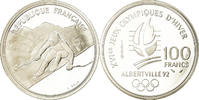 France 100 Francs Coin, Slalom skiers, BE, Silver, KM:984 -