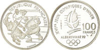 France 100 Francs Coin, Hockey players, BE, Silver, KM:993 -