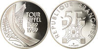 France 5 Francs Coin, Tour Eiffel, Paris, BE, Silver, KM:968a -
