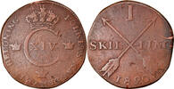 Sweden Skilling Coin, Carl XIV Johan, Copper, KM:597 -