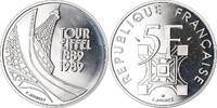 France 5 Francs Coin, Tour Eiffel, Paris, BE, Silver, KM:968a -