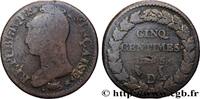 FRANCE Cinq centimes Dupré, grand module, refrappage du DIRECTOIRE Lyon 1797 (28mm, 10,08g, 6h) -