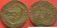 Französische Königliche Münzen 1498 ÉCU D'OR AU CHARLES VIII 1483- SOLEIL, 1e ÉMISSION MODIFIÉE AVEC LIS INITIAUX, 1e TYPE (1494-1498) POINT 8e ATELIER POITIERS A/ KAROLVS DEI -