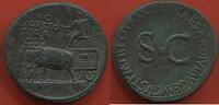 Antike Münzen SESTERCE TIBÈRE POUR DIVUS AUGVSTVS FRAPPE A ROME 22-23 AP J-C A/ DIVO AVGVSTO SPQR QUATRE ÉLÉPHANTS TRAINANT UNE CHARRUE SURMONTÉE DE -