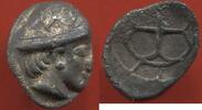 Antike Münzen OBOLE DE MARSEILLE EN ARGENT TYPE DU TRÉSOR D'AURIOL A/ TÊTE CASQUÉE A DROITE ROUE SUR LE CASQUE R/ ROUE A RAYONS ENTRECROISES POIDS 0 -