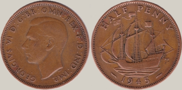 Gro britannien 1 2 Penny Half Penny 1945 course coin Georg VI