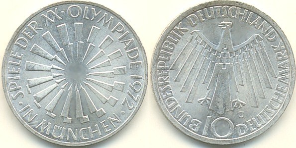 1972 J German 10 Marks Silver Coin Olympic Spiral Gem Proof 