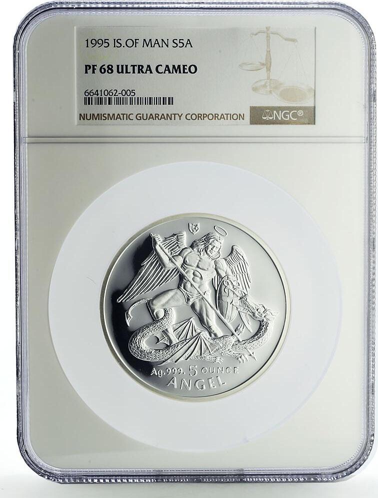 Isle of Man 5 angel Archangel Michael KM-1326 PF68 NGC silver coin