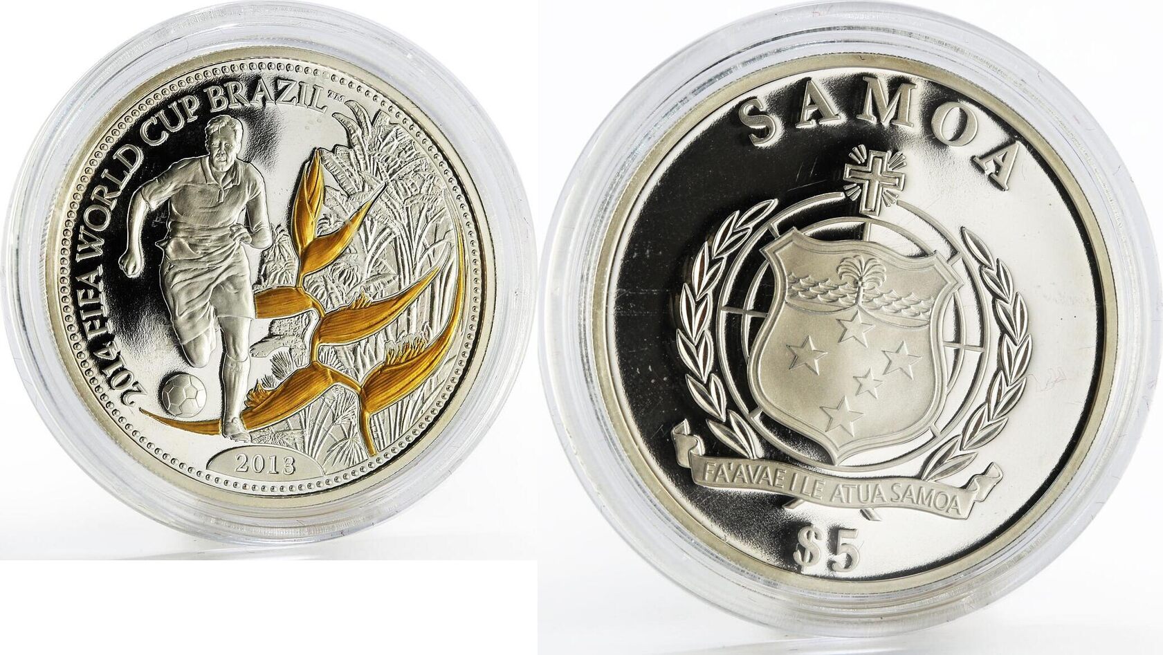 Samoa 5 dollars XX Football World Cup in Brazil proof silver coin 2013 |  MA-Shops