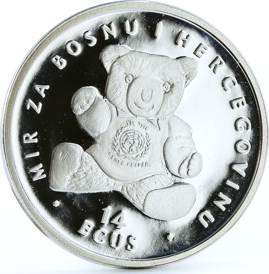 Bosnia and Herzegovina 14 ecu UN Peace Teddy Bear Toy proof silver