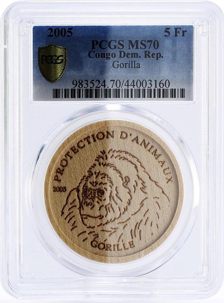 Congo 5 francs Wildlife Protection Gorilla Fauna MS70 PCGS wood