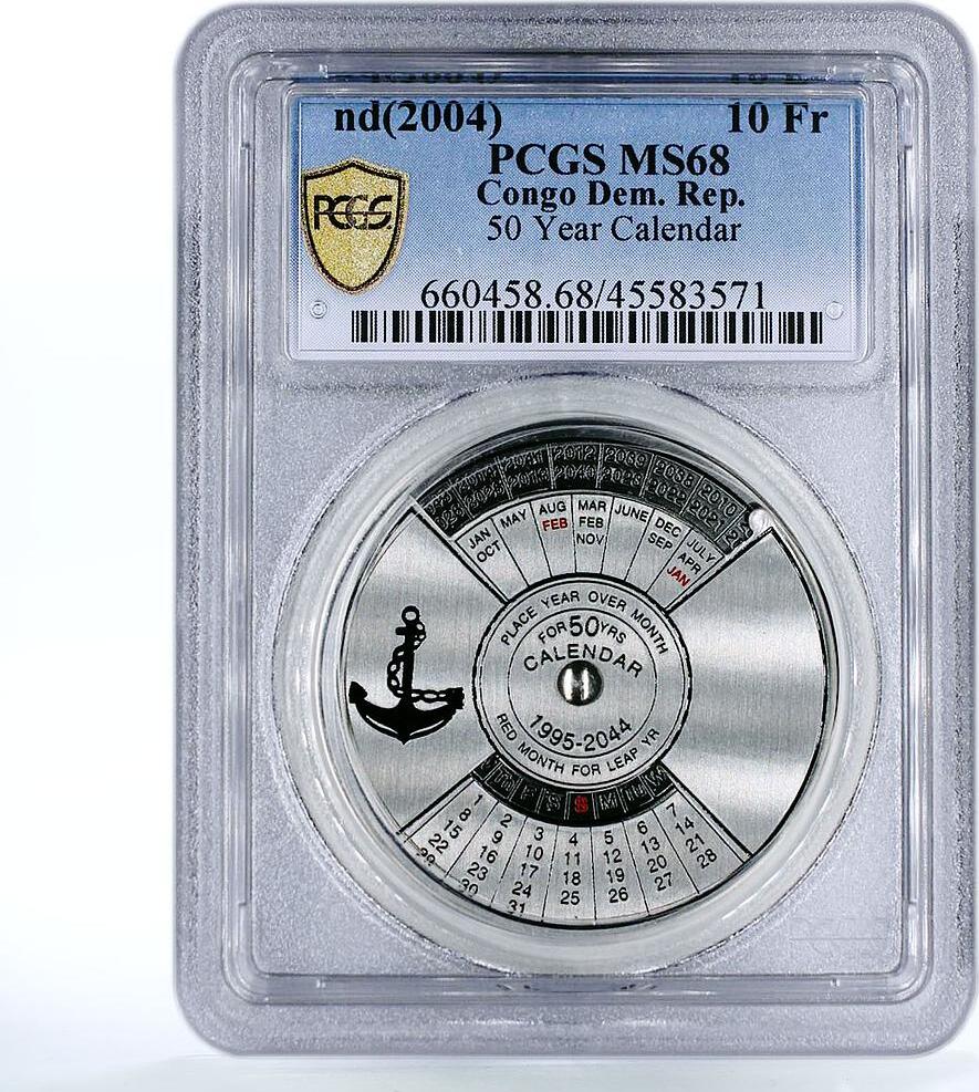 Democratic Republic of the Congo Congo 10 francs 50 Year Rotating Calendar  MS68 PCGS silver coin 2004 UNC | MA-Shops