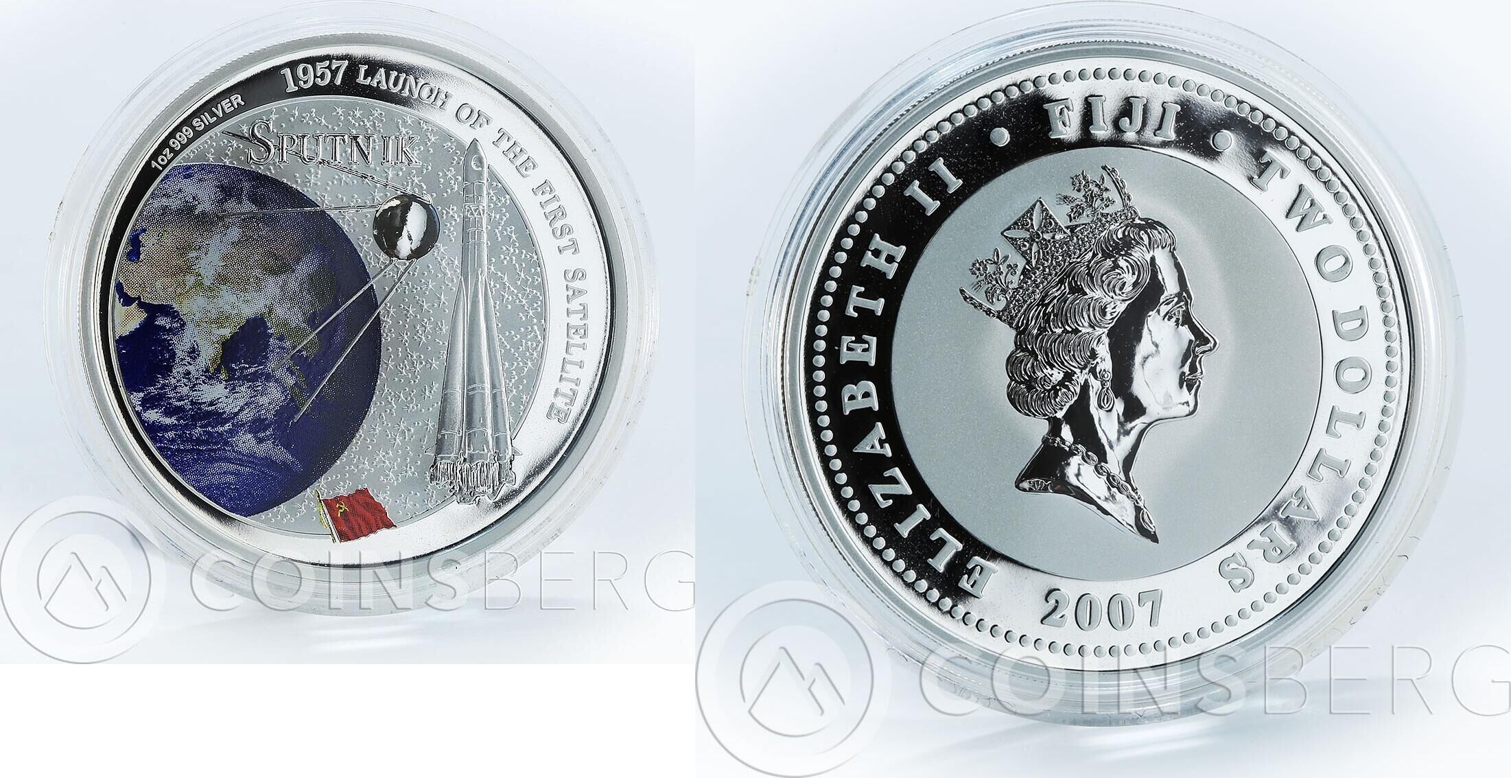 Fiji 2 dollars Sputnik 1957 Launch of the First Satellite Space silver coin  2007 Proof-like | MA-Shops