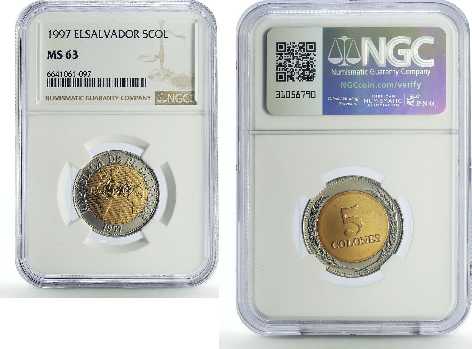 El Salvador Salvador 5 colones Columbus Sailing Ships Continent