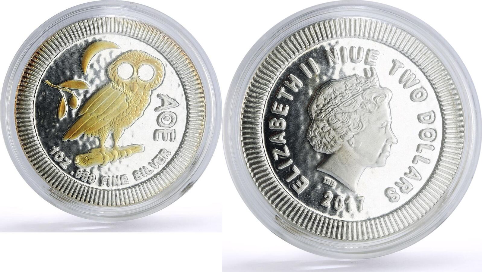 Niue 2 dollars Mythology Creatures Athena Owl Bird gilded silver coin ...