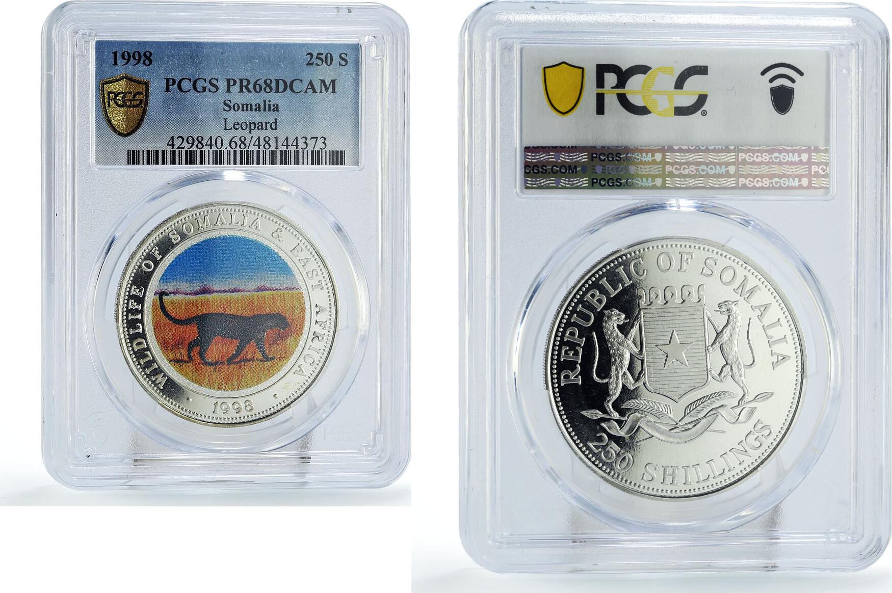 Somalia 250 shillings Conservation Wildlife Leopard PR68 PCGS silver ...