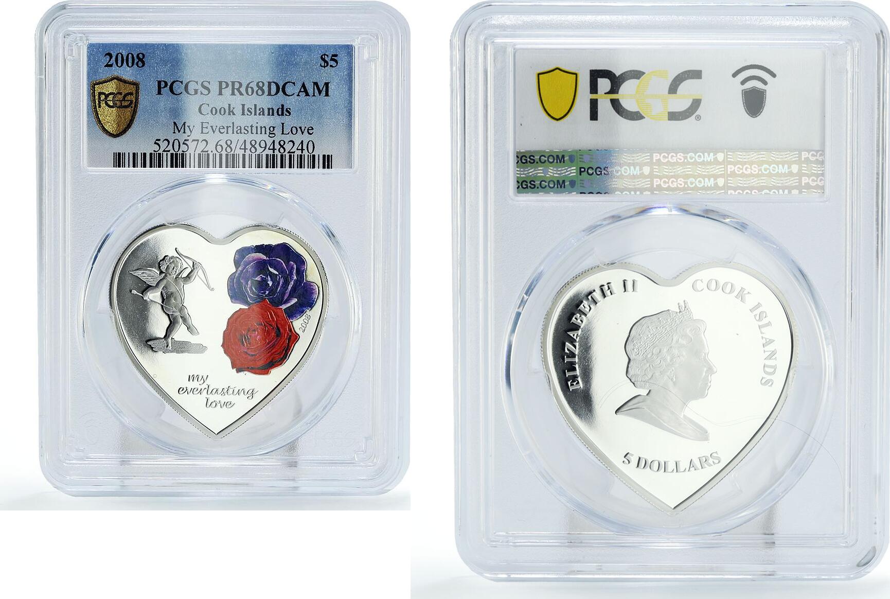 Cook Islands 5 dollars Everlasting Love Cupid Roses PR68 PCGS silver ...