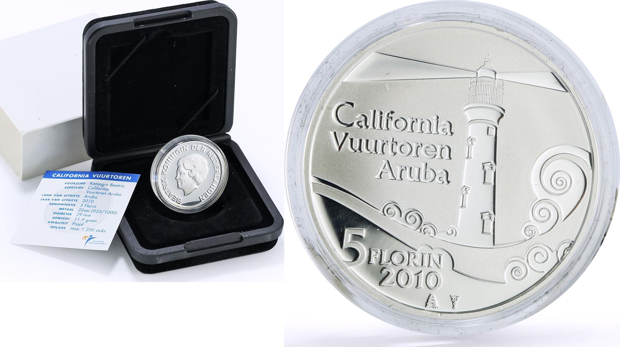 Netherlands Aruba 5 florin Seafaring California Lighthouse silver coin ...