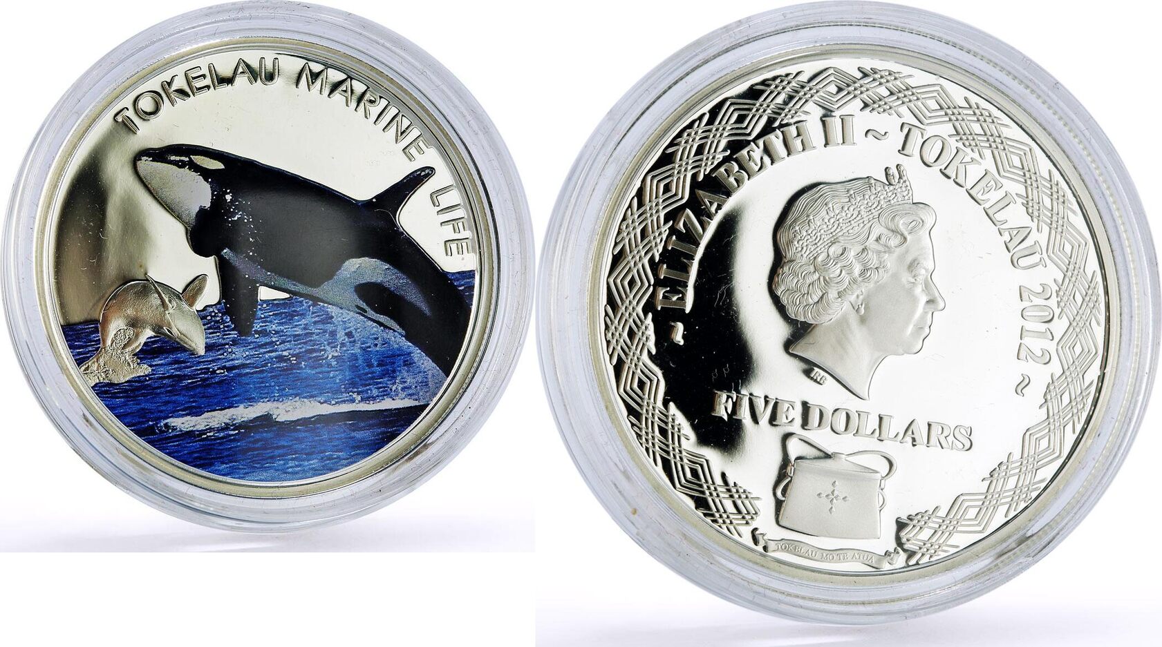 Tokelau 5 dollars Marine Life Orca Killer Whale Fauna proof silver