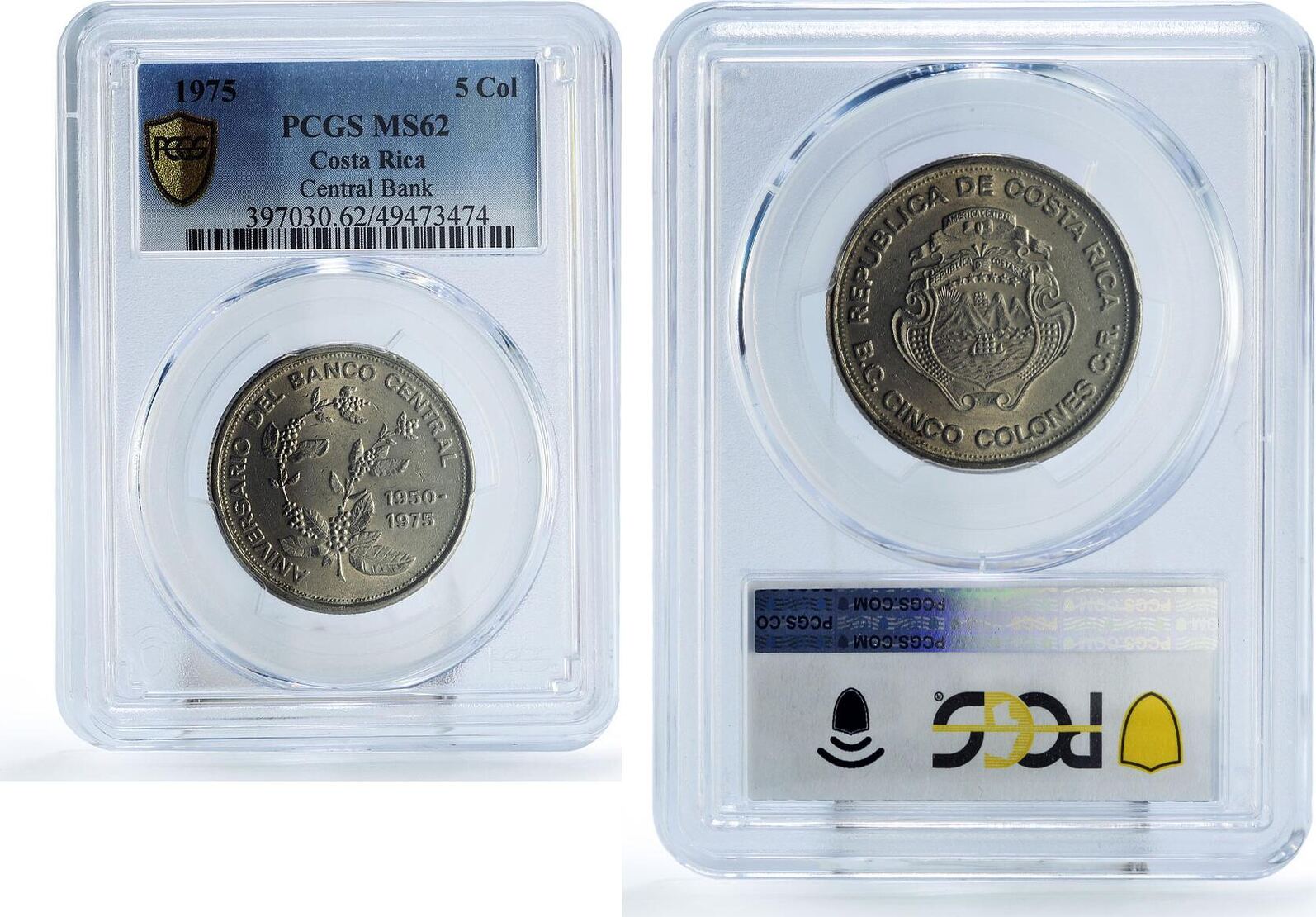 Costa Rica 5 colones Central Bank 25th Anniversary MS62 PCGS nickel ...