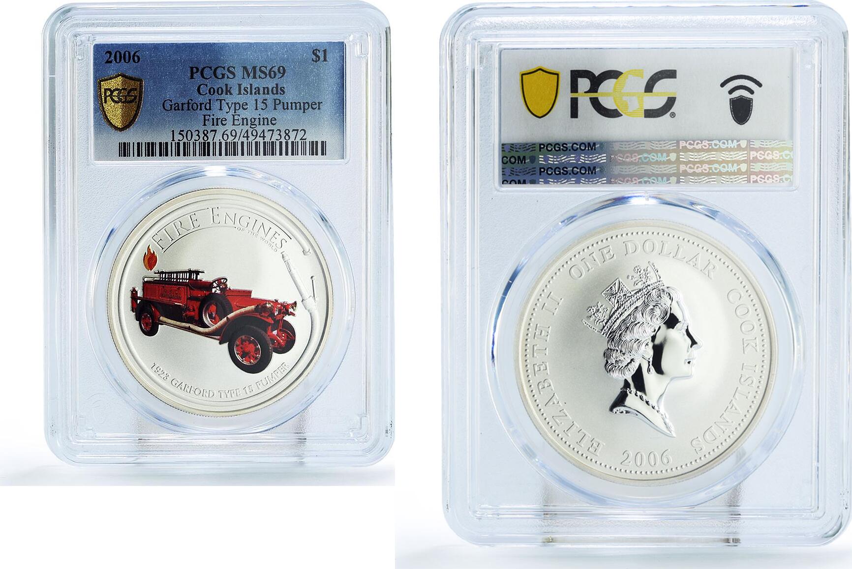 Cook Islands 1 dollar Fire Engines Cars Garford 15 MS69 PCGS silver ...