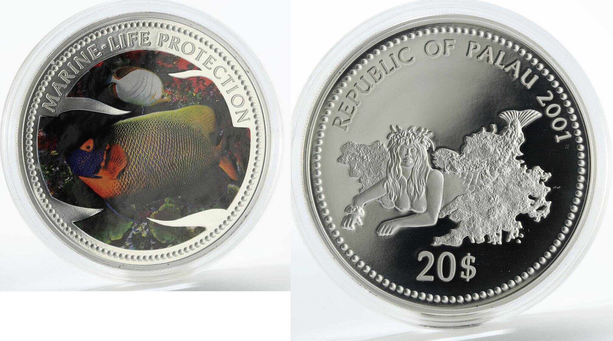 Palau 20 dollars Marine Life Acanthurus Fish silver coin 2001