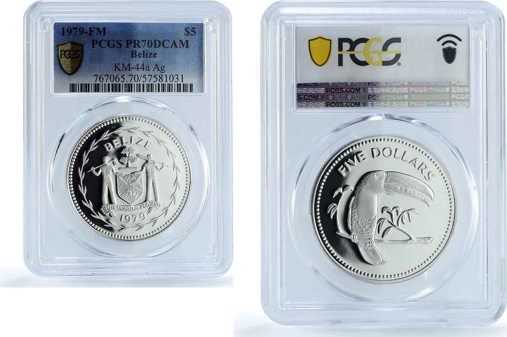 Belize 5 dollars Elizabeth II KM-44a Toucan Bird PR 70 PCGS silver