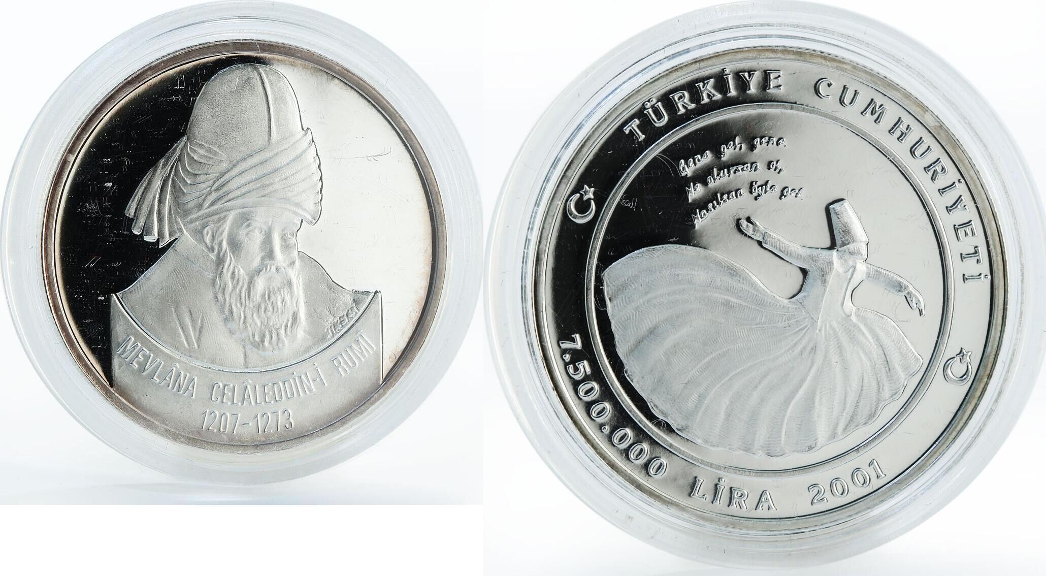 Turkey 7500000 lira Mevlana Celaleddin-i Rumi silver coin 2001 