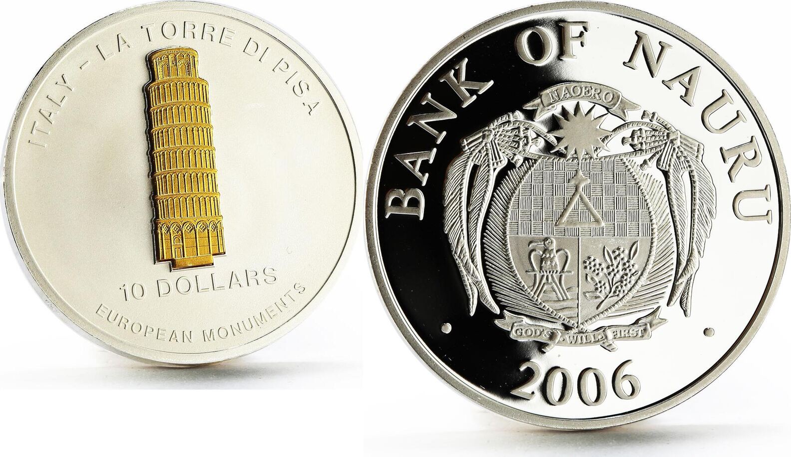Nauru 10 dollars European Monuments Tower of Piza silver coin 2006