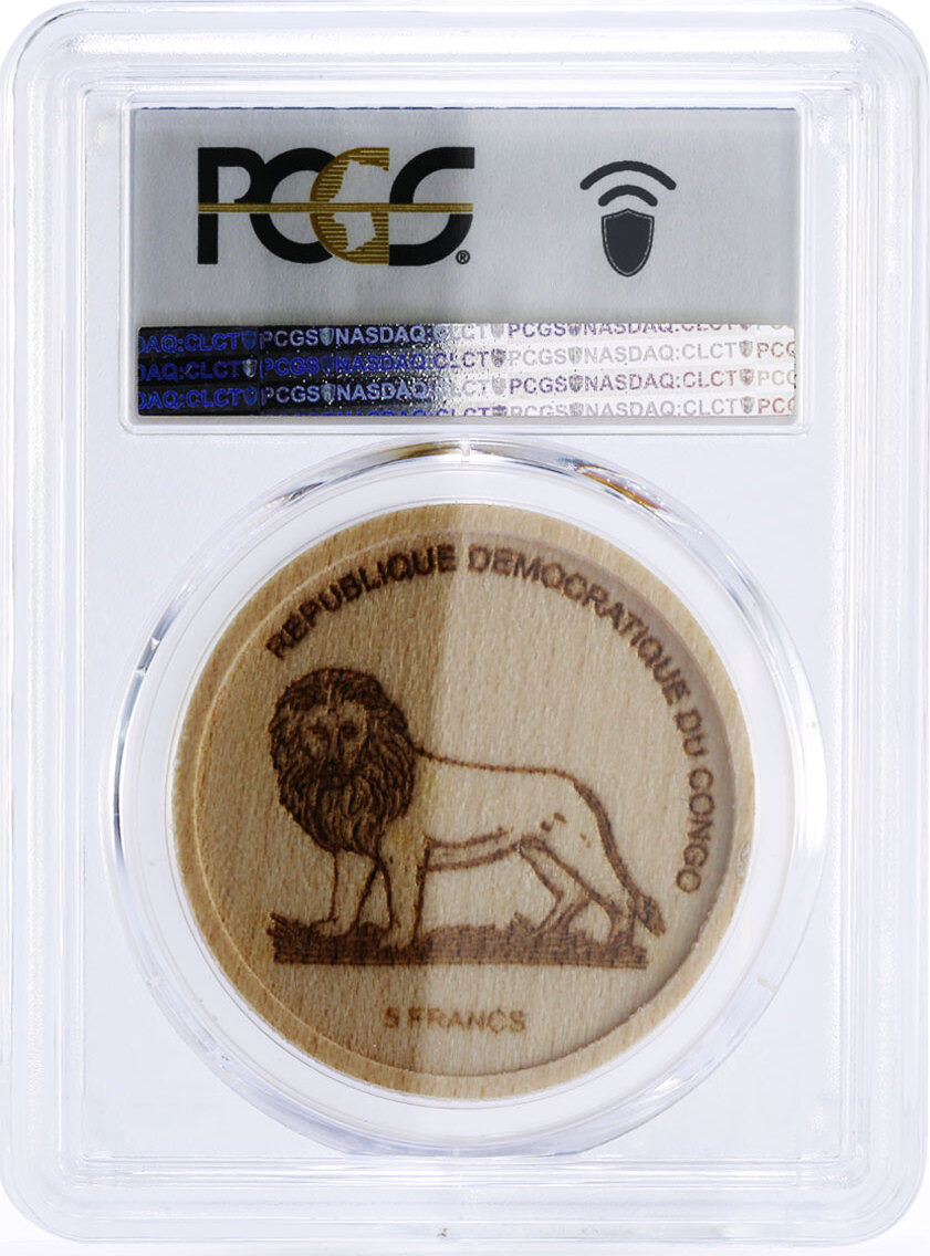 Congo 5 francs Wildlife Protection Gorilla Fauna MS70 PCGS wood