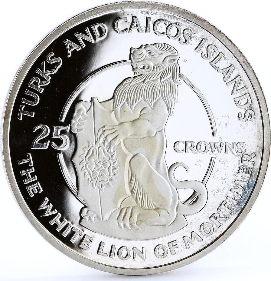 United Kingdom Turks And Caicos 25 Crowns Queen S Beast Mortymer White