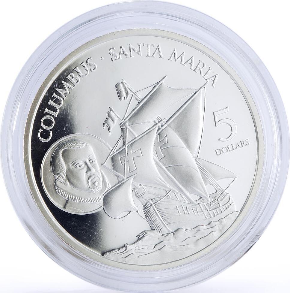 Fiji 5 dollars Seafaring Santa Maria Ship Clipper Columbus silver