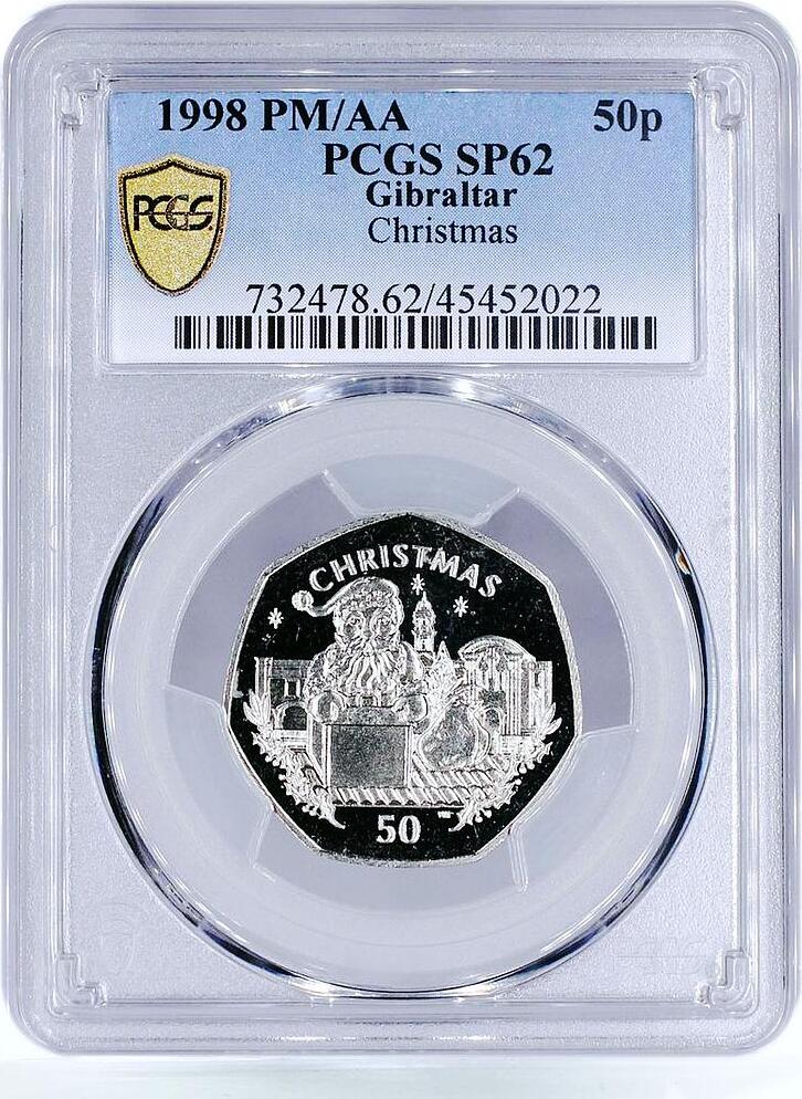 Gibraltar 50 pence Holidays Christmas Santa Claus SP62 PCGS CuNi coin