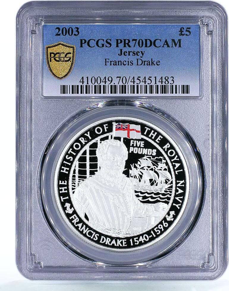 Bailiwick of Jersey 5 pounds Sir Francis Drake Ship PR70 PCGS silver ...