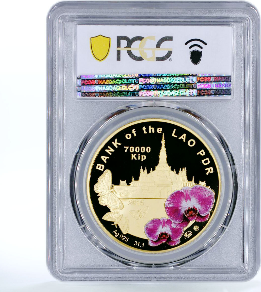 Laos 70000 kip Butterfly Flowers Hologram PL69 PCGS silver coin