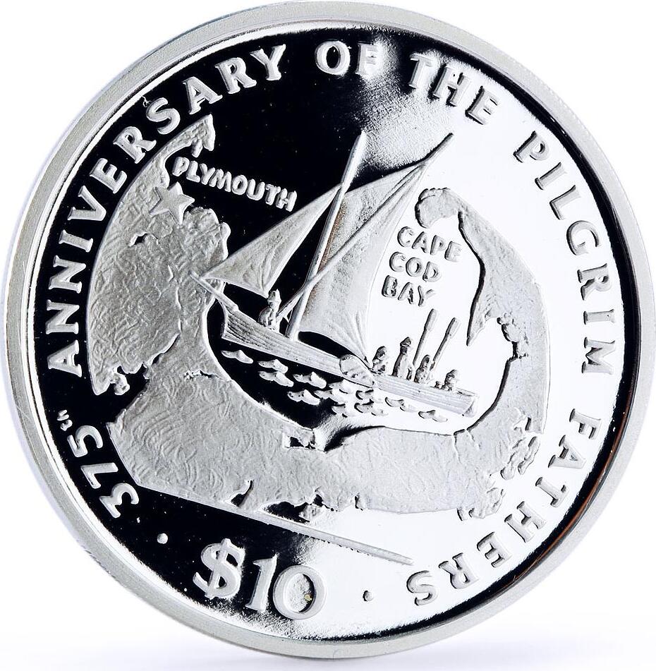 Liberia 10 dollars Seafaring Boat Ship Clipper Piligrim Fathers silver coin 1995 Proof