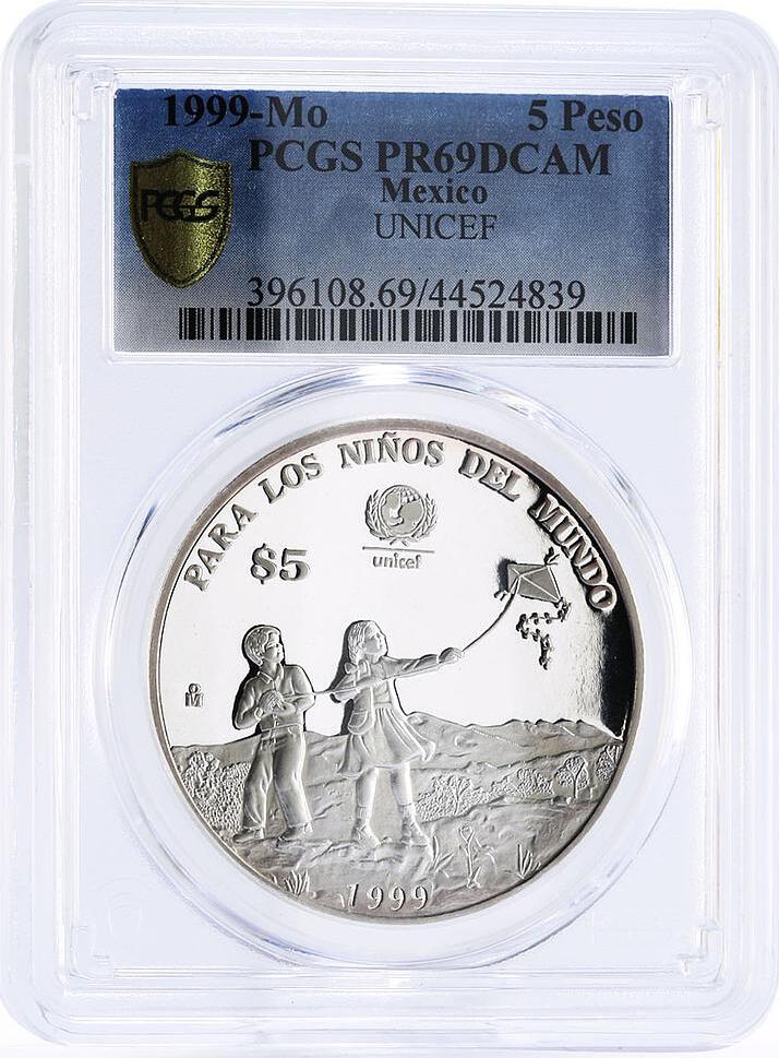 Mexico 5 pesos UNICEF series Children Playing Kite PR68 PCGS silver coin  1999 Proof
