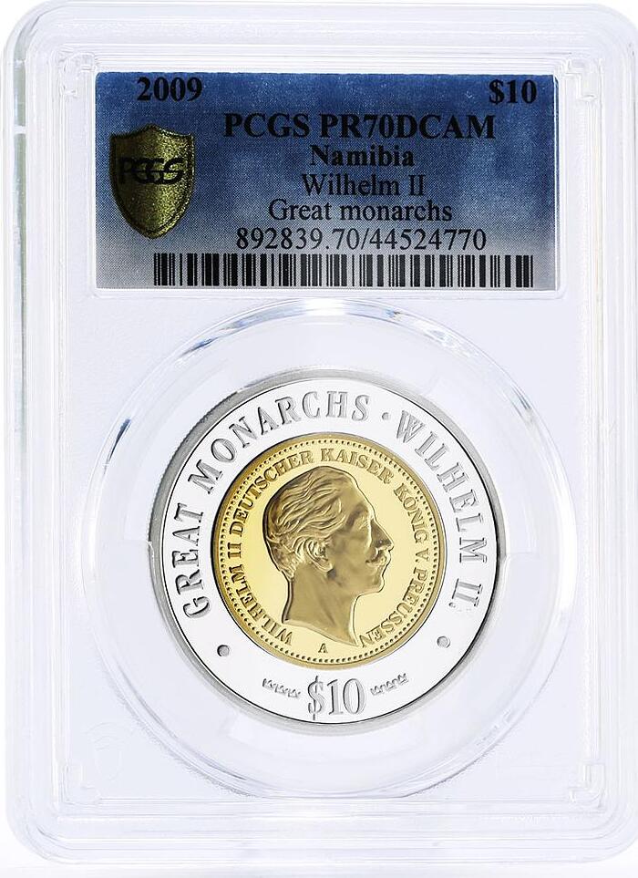 Namibia 10 dollars Great Monarchs Wilhelm II PR70 PCGS gilded