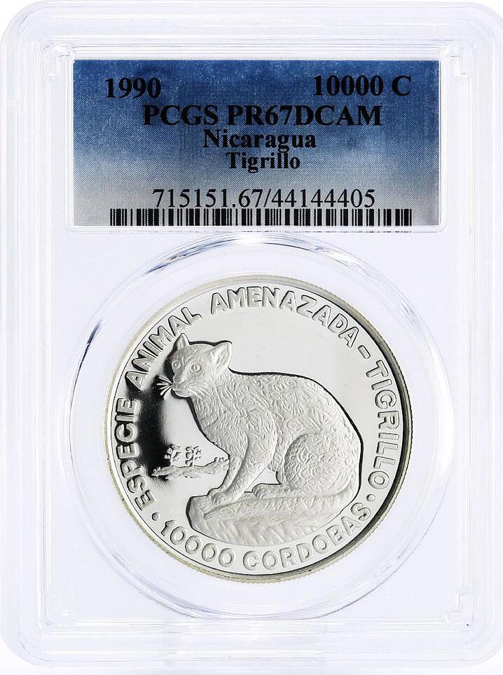 Nicaragua 10000 cordobas Wildlife Tigrillo Ocelot Cat PR67 PCGS silver ...