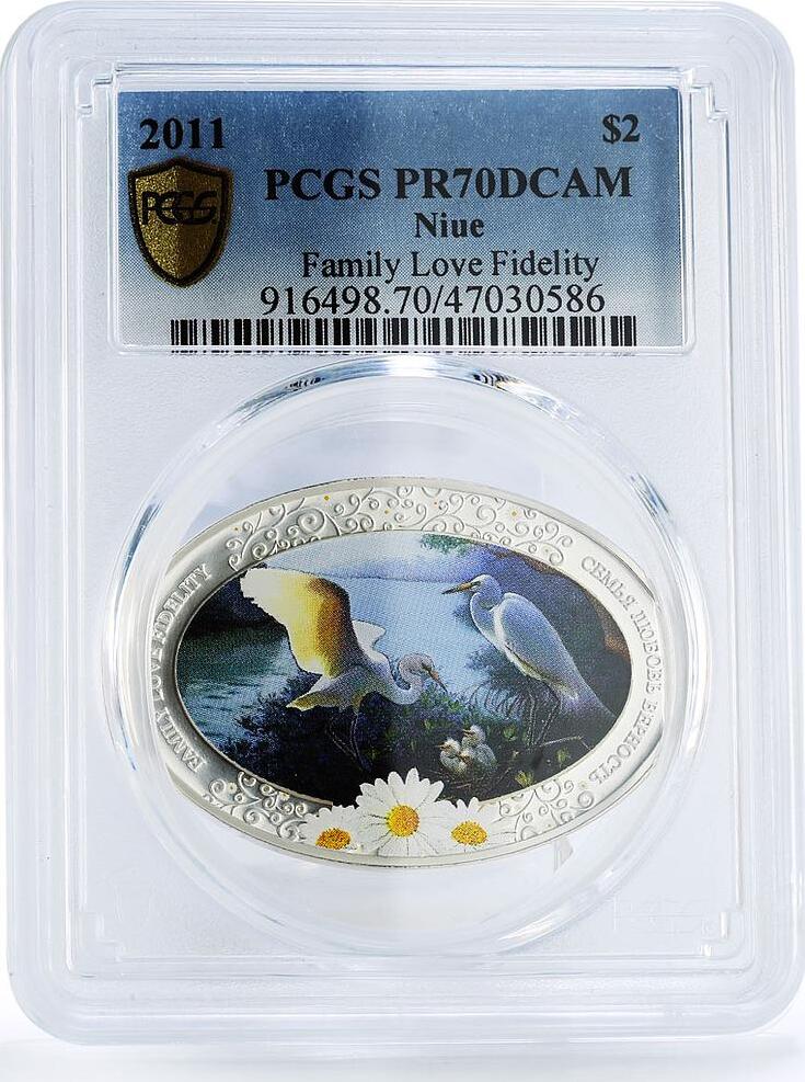 Niue 2 dollars Family Love Fidelity Storks Birds Fauna PR70 PCGS Ag